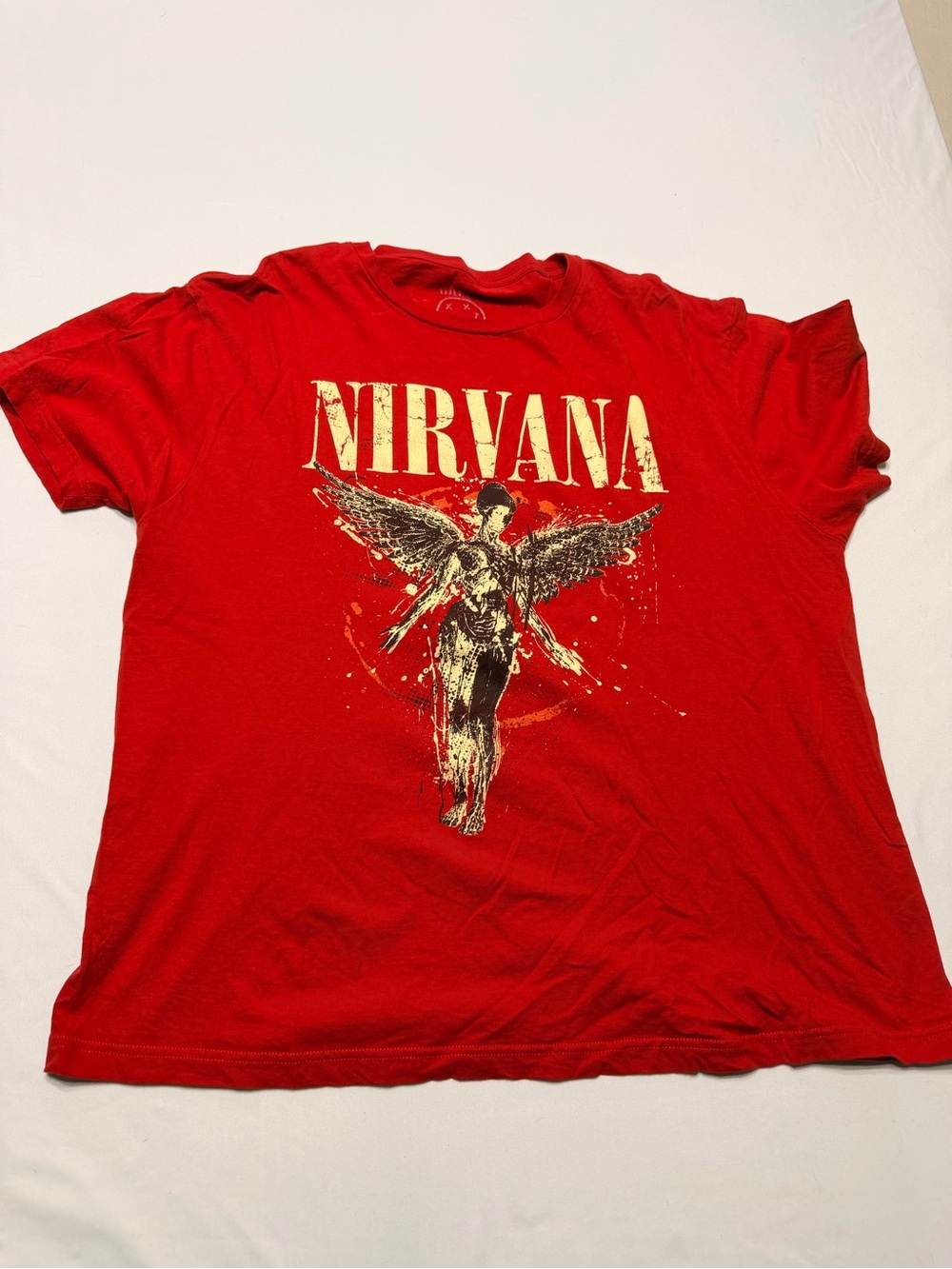 NIRVANA Red Short-Sleeve Tee with Gold Angel Graphic